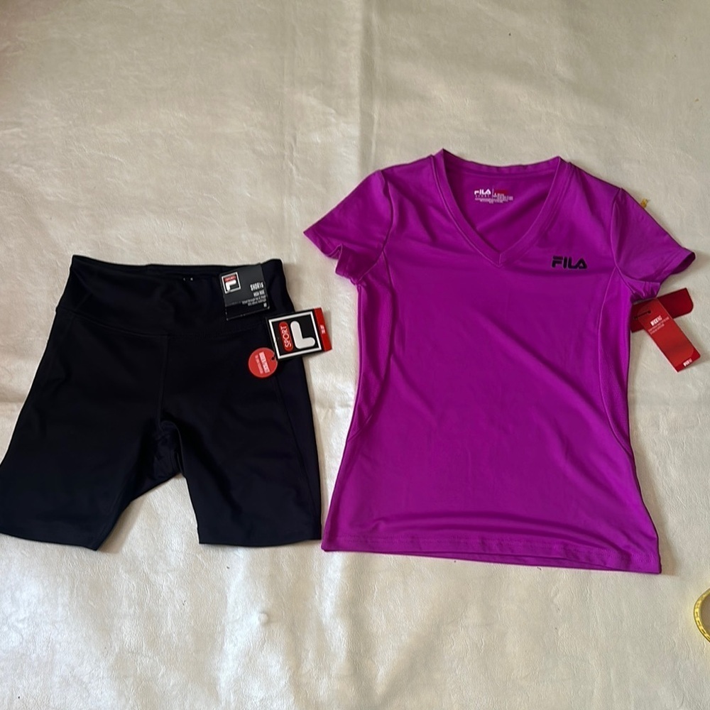 Fila Purple V-Neck Tee and Black Shorts Set